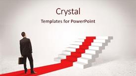  Presentation with red carpet - Presentation consisting of successful businessman with briefcase standing on red carpet in front of steps in white space concept background and a sky blue colored foreground