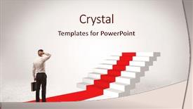  Presentation with red carpet - Audience pleasing slide deck consisting of successful businessman with briefcase standing on red carpet in front of steps in white space concept backdrop and a sky blue colored foreground