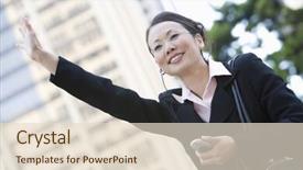  Presentation with hailing cab - Theme with successful businesswoman hailing a cab background and a  colored foreground