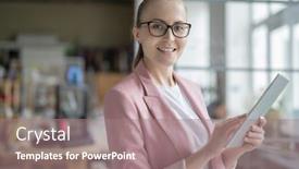  Presentation with using digital tablet - PPT layouts enhanced with successful-businesswoman-in-formalwear-using background and a coral colored foreground