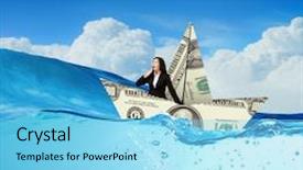  Presentation with sailing - Theme featuring successful businesswoman sailing on dollar boat in financial sea background and a light blue colored foreground