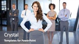  Presentation with camera - Amazing presentation having successful businesswoman smiling at camera while her colleagues standing behind him in office backdrop and a ocean colored foreground