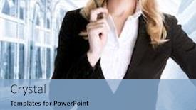  Presentation with business partner - Colorful presentation theme enhanced with successful businesswoman talking on the phone waiting for a business partner serious people success and career concept backdrop and a light blue colored foreground