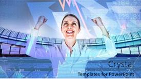  Presentation with shares - Slide set having successful businesswoman with clenched fists looking up against stocks and shares background and a light blue colored foreground