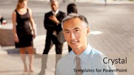  Presentation with business casual - Presentation design enhanced with successful candidate - casual business man with colleagues background and a coral colored foreground