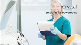  Presentation with prescriptions - Audience pleasing theme consisting of successful dentist with document reading backdrop and a sky blue colored foreground