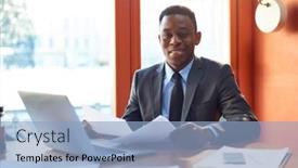  Presentation with director - Audience pleasing presentation consisting of successful director of business company looking through financial documents by his workplace backdrop and a light blue colored foreground