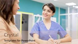  Presentation with medical smiling doctor - Audience pleasing slide deck consisting of successful doctor in uniform smiling at patient while holding pen over medical document and consulting young woman in clinics backdrop and a lemonade colored foreground