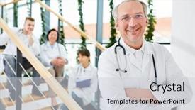  Presentation with physician - Presentation design featuring chiefs - senior as successful doctor background and a light gray colored foreground