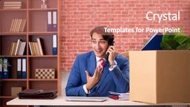  Presentation with new job description - PPT layouts enhanced with successful employee getting new job background and a coral colored foreground