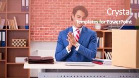  Presentation with employee job satisfaction and extravert - Audience pleasing presentation theme consisting of successful employee getting new job backdrop and a coral colored foreground