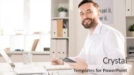  Presentation with successful - PPT theme consisting of successful employee using modern gadgets background and a lemonade colored foreground