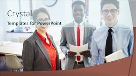  Presentation with employees - Presentation theme having successful employees in elegant formalwear looking at camera background and a sky blue colored foreground