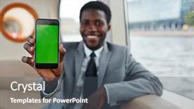  Presentation with smartphone app - Beautiful presentation theme featuring successful entrepreneur showing new app backdrop and a dark gray colored foreground