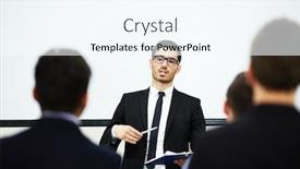  Presentation with business training - Amazing PPT theme having successful entrepreneur speaking to audience at his business training backdrop and a cool aqua colored foreground