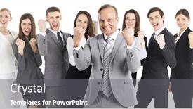  Presentation with yes - Presentation theme with successful excited business people group team standing together and holding fist ok yes gesture isolated over white background background and a gray colored foreground