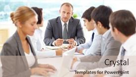  Presentation with business group meeting - Presentation theme with successful group of business people having a meeting background and a lemonade colored foreground