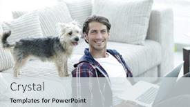  Presentation with pet - Presentation theme with successful guy and his pet in a cozy living room background and a sky blue colored foreground