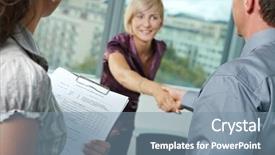  Presentation with employee relations - Cool new theme with successful job interview - happy employee backdrop and a seafoam green colored foreground