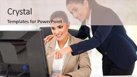  Presentation with business women - Theme with successful lady team - cheerful two business women working background and a soft green colored foreground