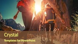  Presentation with backpacks - PPT theme with successful lady team - hikers with backpacks walk background and a tawny brown colored foreground