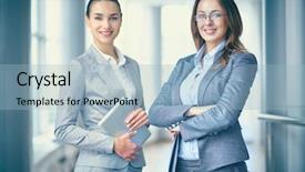  Presentation with creeper image - Cool new PPT layouts with successful lady team - image of two confident businesswomen backdrop and a light blue colored foreground