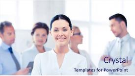  Presentation with office - Colorful theme enhanced with successful lady team - picture of smiling attractive businesswoman backdrop and a sky blue colored foreground