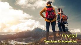  Presentation with mountain top - Audience pleasing presentation design consisting of successful lady team - two ladies hikers standing backdrop and a tawny brown colored foreground