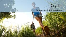  Presentation with backpacks - Presentation design enhanced with successful lady team - two young ladies with backpacks background and a light blue colored foreground