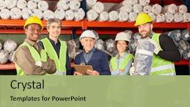  Presentation with logistics warehouse - Slides with successful logistics team with order background and a mint green colored foreground