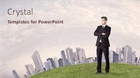  Presentation with green city - Colorful presentation design enhanced with successful male good looking business backdrop and a sky blue colored foreground
