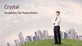  Presentation with green city - Slide set enhanced with successful male good looking business background and a lemonade colored foreground