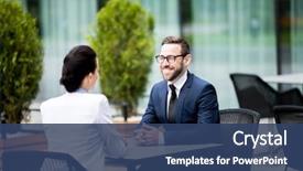  Presentation with lady - Theme having successful male talking at cafe background and a ocean colored foreground