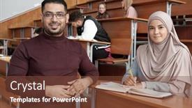  Presentation with standing sitting - Slide deck having successful-male-teacher-standing background and a tawny brown colored foreground