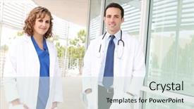  Presentation with team building - Slides with successful man and woman medical team at hospital building background and a soft green colored foreground