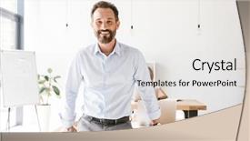  Presentation with woman office desk - Colorful PPT layouts enhanced with successful man manager leaning backdrop and a white colored foreground