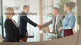  Presentation with negotiating - Presentation theme consisting of successful-mature-businessmen-or-delegates background and a mint green colored foreground