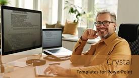  Presentation with monitor computer - Slides featuring successful-mature-it-engineer-looking background and a  colored foreground