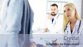  Presentation with conference - PPT theme having successful-medical-doctors-are-sitting background and a light blue colored foreground