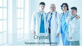  Presentation with community - Presentation design featuring successful medical team confident doctors background and a light blue colored foreground