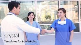  Presentation with building team - Theme enhanced with successful medical team meeting outside background and a light blue colored foreground