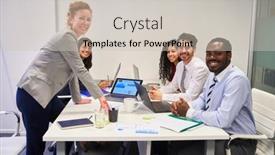  Presentation with conference table - Presentation design enhanced with successful-multicultural-business-start-up background and a soft green colored foreground