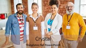  Presentation with managers - Beautiful PPT theme featuring successful office managers with badge backdrop and a coral colored foreground