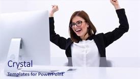  Presentation with success - PPT theme having successful people - excited businesswoman rejoicing at her background and a sky blue colored foreground