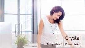  Presentation with business idea modern abstract - Slide deck featuring successful people - modern business woman background and a  colored foreground