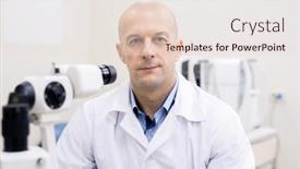  Presentation with medical equipment - Presentation featuring successful professional in whitecoat sitting in front of camera in clinics while working with new medical equipment background and a lemonade colored foreground