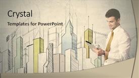  Presentation with businessman standing on mountain top - Amazing slide deck having successful sales - young adult businessman standing backdrop and a lemonade colored foreground