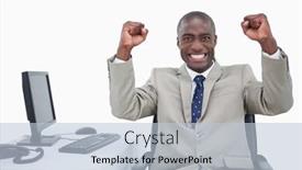  Presentation with salesman - Cool new slides with successful salesman with the fists up against a white background backdrop and a lemonade colored foreground