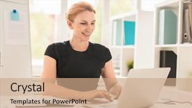  Presentation with research development - Presentation theme featuring successful salesperson making online research background and a  colored foreground