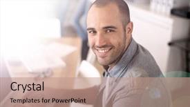  Presentation with working - Audience pleasing presentation theme consisting of successful school year - smiling young man in office backdrop and a coral colored foreground